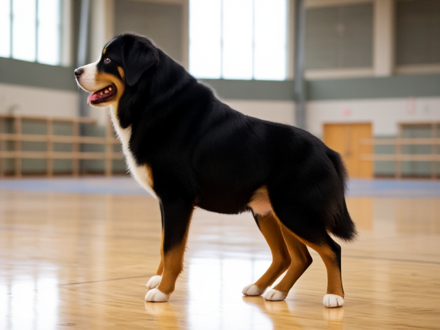 A Bernese mountain dog with large hips wearing a gymnastics leotard in a gymnasium