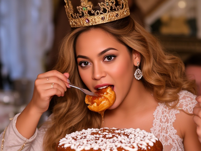 je veux beyonce en train de manger une galette des rois avec une couronne sur la tête pour l'épiphanie