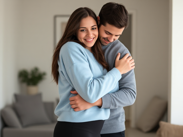Brunette wearing a light blue sweatshirt and black yoga pants smiles as her husband hugs her and kisses her