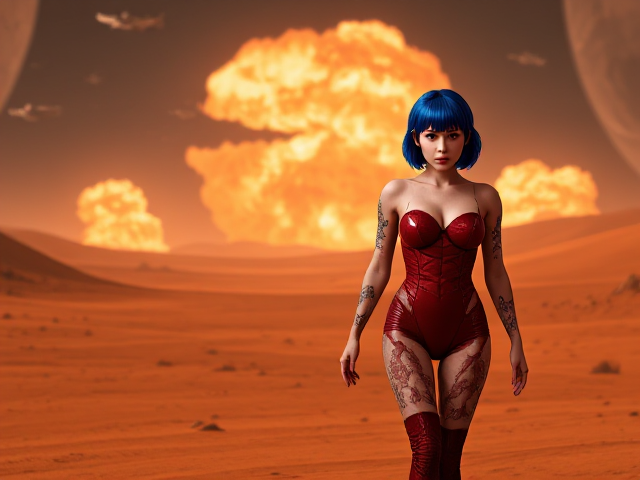 25 years, Young, nymph Goth Space girl, royal blue short hair, prosthetic red bodysuit, tattoos, walking on red planet, galactic space battleships in background, giant blasts explosions at a distance, hyperrealistic, 4K