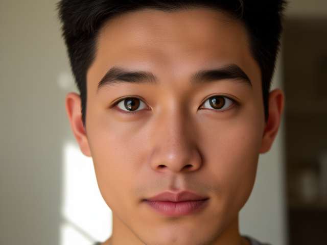 Tan, green eye and hazel eye, black hair, male, no facial hair, Asian