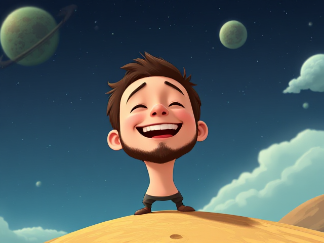 Un homme heureux, qui sourit, seul sur une planète