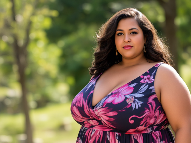 femme en surpoid  élégante, portant une robe chic, dans un environnement naturel lumineux