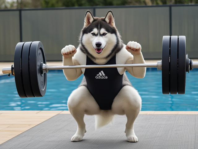 A anthropomorphic Siberian husky wearing an adidas swimsuit deadlifting a barbell on a pool deck