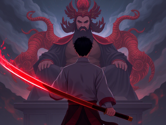 A man with short black hair, wielding a magical glowing red and black Chinese-style straight katana in his right hand down, wearing traditional Chinese mythology clothing. He is facing away, staring at the enormous figure of Shangdi, the god of all gods, who is sitting cross-legged in front of him. The scene is depicted in an anime style