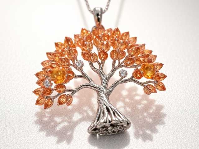 realistic peach tourmaline tree pendant necklace, intricately crafted with exquisite detail, shimmering silver surface, strokes of the trunk and branches are made from blue quartz and amber, dazzling rose gold diamonds elegantly set as leaves glistening in light, sophisticated and luxurious design, soft ambient lighting highlighting every aspect of craftsmanship, macro focus capturing every facet and sparkle in high resolution, elegant branches extending gracefully from the trunk with meticulous precision