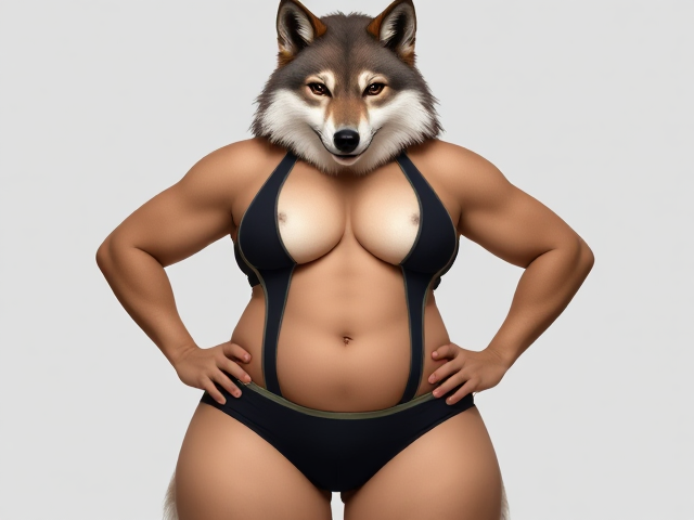 A anthropomorphic wolf with large hips wearing a sports swimsuit