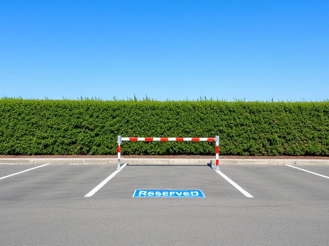 Une place de parking vide avec une haie verte bien taillée en arrière-plan, une place de parking au milieu réservée avec une barrière de péage entourant la place de parking, ciel bleu et clair