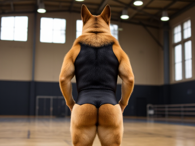 A anthropomorphic German shepherd with a strong butt wearing a gymnastics leotard in a gymnasium