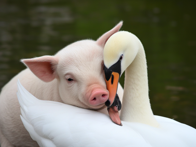 A cute pig and swan cuddling