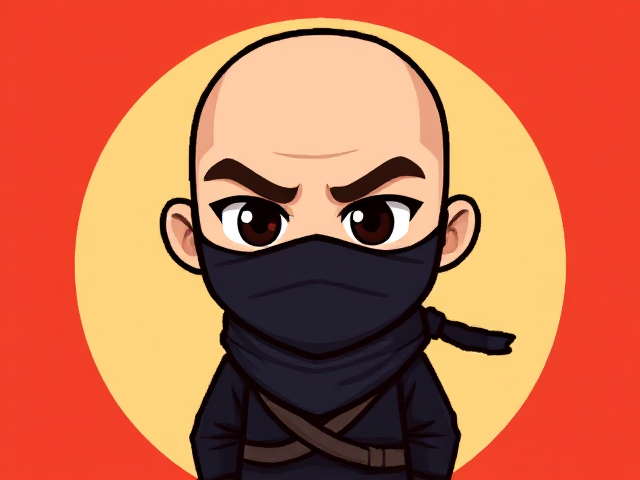 Cartoonish 8-bit ninja with no mask, a shaved head, a Caucasian face and big eyebrows.  The full body is visible.