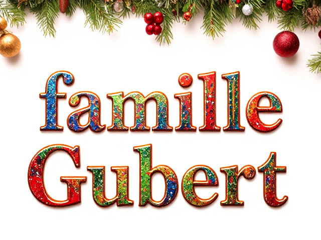 joil texte dans l'ambiance noel en relief et coloré avec ecrit en lettres grosses et stylisées " famille Gubert" sur fond blanc