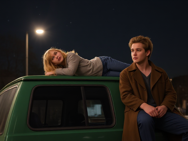 A petite, 13 year old girl with strawberry blonde hair, wearing a pullover and  jeans, laying on the roof of a green, 1987 Chevy van. She stared up at the night sky, stargazing. Besides her sits a modern day vampire in his twenties, with blonde hair and wearing a brown trenchcoat and jeans. He looks down, uneasy.