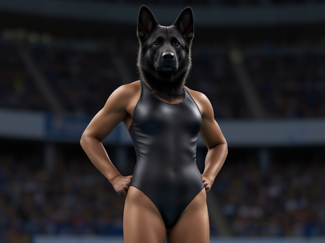 A anthropomorphic black German shepherd Olympic swimmer with strong hips wearing a high cut one piece swimsuit