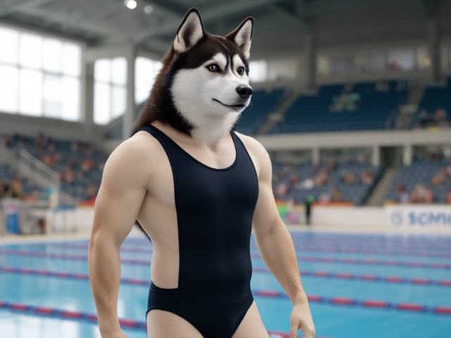 A tall ((anthropomorphic)) Siberian husky Olympic swimmer with a long torso  wearing a one piece swimsuit standing on the pool deck