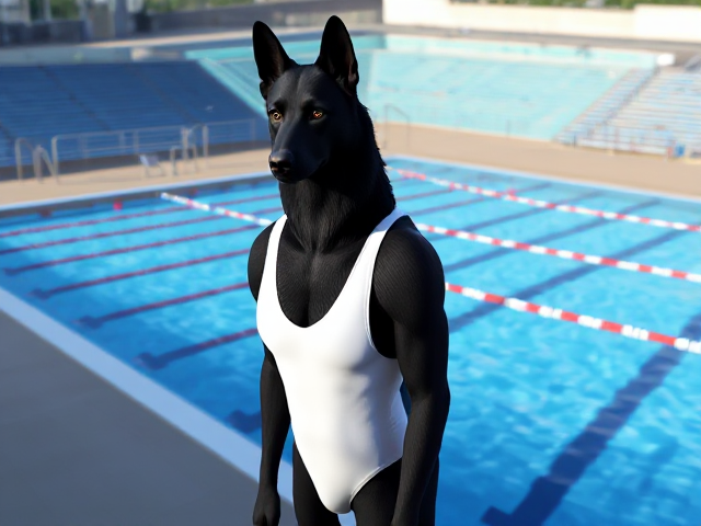A tall anthropomorphic black German shepherd with a long v-shaped torso, broad shoulders and a narrow waist, wearing a white Nike one piece swimsuit while standing next to a Olympic-Sized swimming pool