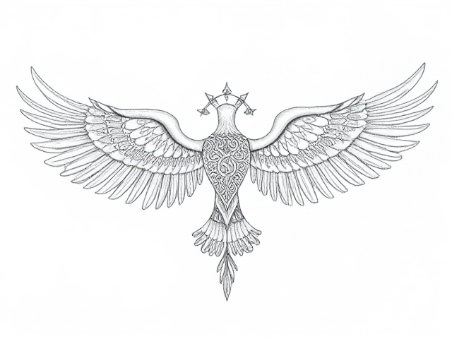 muscly man drawn in pencil with celtic and Maori symbols on wing