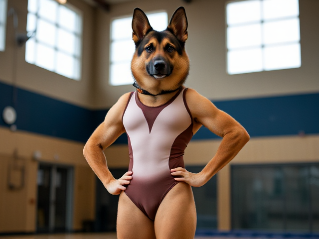 Anthropomorphic German shepherd wearing a gymnastics leotard, posing with emphasis on its hips in a gymnasium setting, detailed and vibrant colors
