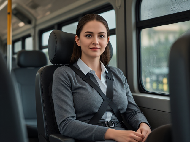 Fit Young business Woman on the bus buckled up in a special needs carseat wearing a 5 point harness