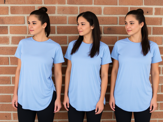 finite brunettes wearing a light blue t shirt that goes to her knees and black yoga pants lined up against a brick wall