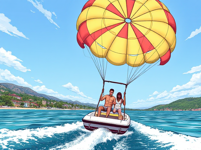 I want an image of a man and a woman parasailing, towed by a motorboat. The parachute's cable is attached to the back of the boat. in an idyllic environment, with varied scenery, notable elements, in a drawing style. The viewpoint is fairly wide, and the colors are vivid.