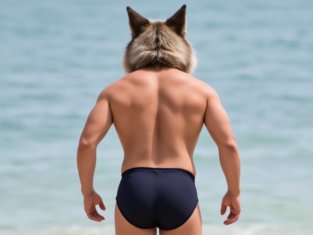 A anthropomorphic wolf wearing an athletic swimsuit