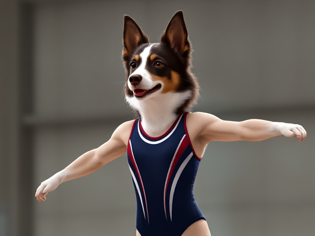 A anthropomorphic border collie Olympic gymnast wearing a leotard