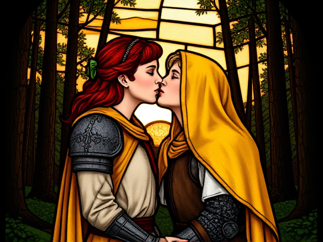 Medieval stained glass of a red headed teen girl wearing a bright yellow cloak and white tunic with an orange veil kissing a blonde male knight in the forest at sunset.