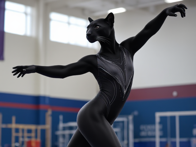 Anthropomorphic black panther in a detailed gymnastics leotard, performing routines in a brightly lit gymnasium with gymnastic equipment in the background, dynamic pose, athletic build