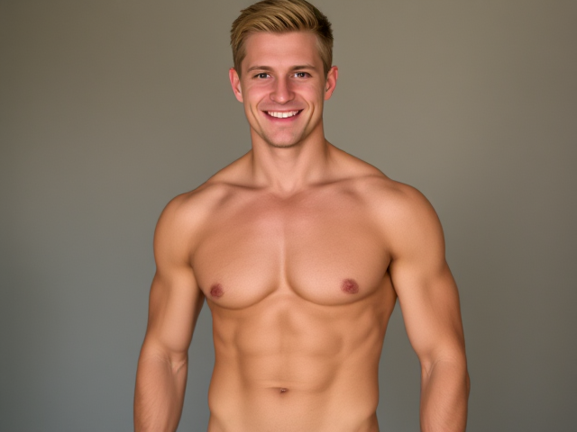 Tall hot muscular blonde smiling man with big pecs and lean body