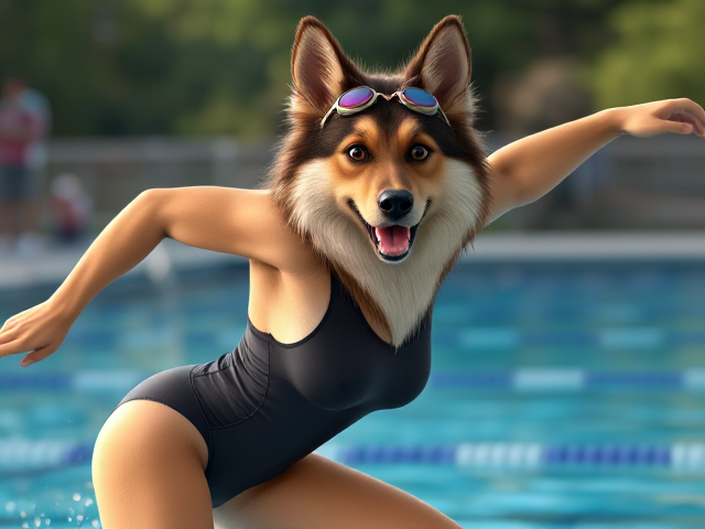 A anthropomorphic long haired German shepherd Olympic swimmer stretching her long torso, while wearing a one piece swimsuit and swimming goggles