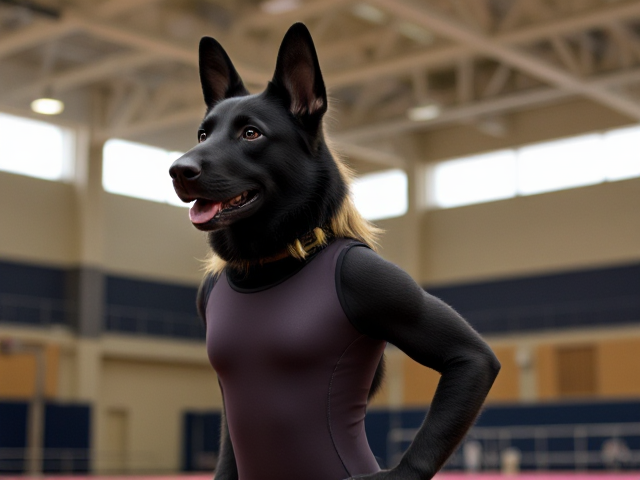 A anthropomorphic black German shepherd with blonde hair wearing a gymnastics leotard in a gymnasium