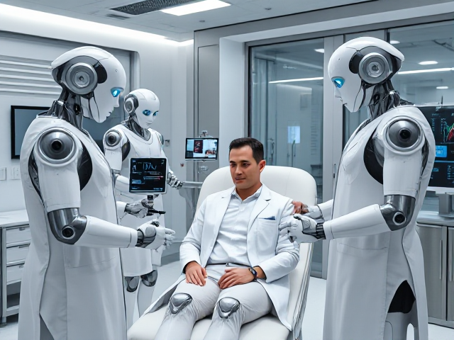 A futuristic medical clinic where humanoid robots in white medical coats assist a human patient sitting on an examination chair. The robots have advanced features like glowing blue eyes and interact with the patient while digital health data is displayed on screens. The clinic is clean, well-lit, and modern with cool metallic tones, glass windows, and futuristic medical equipment. The robots have sleek silver and white exteriors and human-like features, one of them offering support through touch while others interact with tablets displaying health data