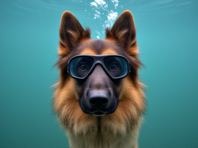 A long haired German shepherd wearing Freediving goggles