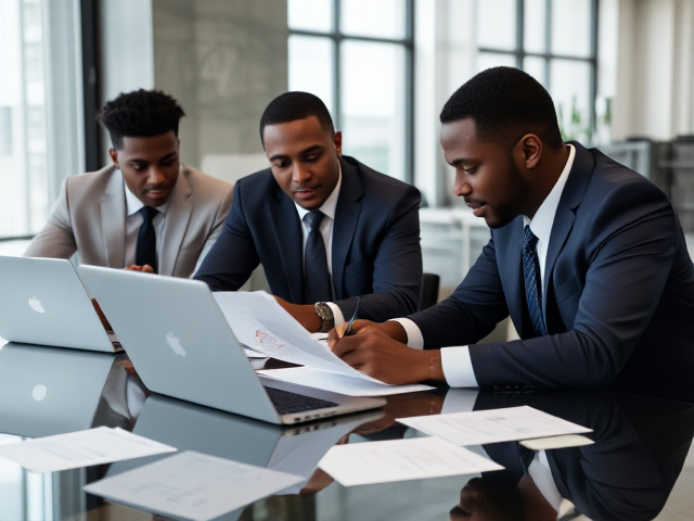 Jeunes cadres afro-américains en costume dans une salle de réunion moderne, collaborant et écrivant un rapport sur des ordinateurs portables et des documents éparpillés sur la table