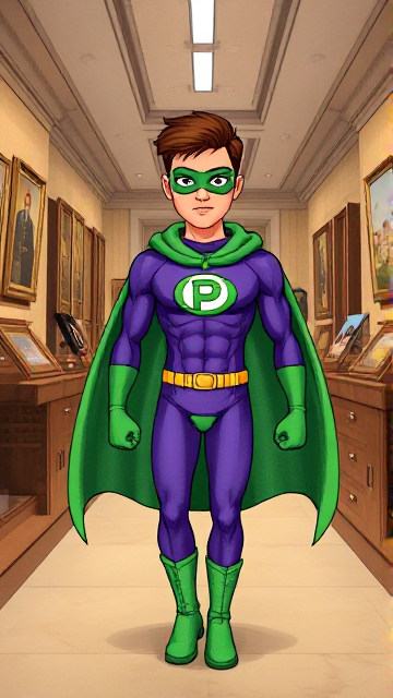 Modern Cartoon scene: A young, Autistic 25-year old boy with light skin and flat, smooth, and slick brown hair named T.J. Granger, but transformed into a genetically-altered superhero named Powerman, who, despite still being a young adult kid, has an extremely muscular body. He wears a sleek purple suit with a green P symbol on his chest, a gold belt with a circular buckle, green briefs, green boots, green long-cuffed gloves, a really big, toe-length long, ultra-wide green cape wreathed around his neck, and a green eye mask that protects his true identity. He also has incredible and invincible superpowers flowing through his veins. In this scene, Powerman is currently walking through a museum, investigating the scene of the crime.