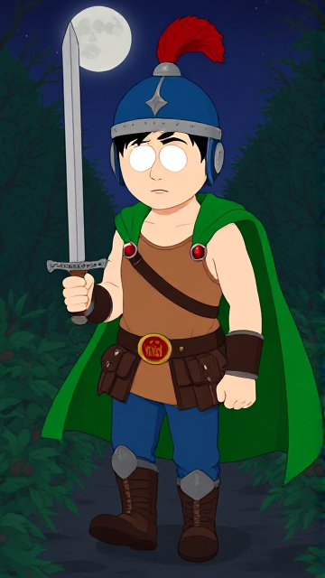 Dramatic Cartoon scene: Stan Marsh from South Park, light skin and black hair, but as a 14-Year Old teenager with a muscular torso, dressed as a medieval warrior, wearing a light brown tank top, a black belt with a red buckle adorned with a castle emblem with brown pouches and the scabbard for his enchanted sword attached to it, blue jeans, steel armored boots, jeweled wrist cuffs, a really big, heel-length long, ultra-wide green cape held up by two silver buttons with red jewels with a strong unbreakable wire connecting them both, and a blue helmet with buffalo emblems on both sides, outlined by silver steel rims going around and across the top, with a really long red feather sticking out at the top. He is now known as Sir Marsh. Despite still being a teenage kid, he is the Youngest Commander of the Zaronian Army, and one of the youngest and greatest heroes hailing from South Park, Colorado, but now reborn as the real life Kingdom of Kupa Keep, Zaron. With his signature enchanted sword, the Slashing Blade Of The Ranger, held tightly in his hand, the young teenage hero is currently walking through a dangerous bramble maze in the dark of the night as he searches for the way out. His cape billows majestically as he walks, and remembers to keep his guard up for anything that could attack him at any moment.