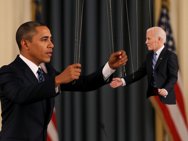 President Obama puppeting President Biden on strings like a marionette.