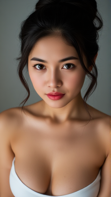 A serene photograph of a pilipina woman with brown eyes, with vibrant raven hair loose updo,andlightskininafaircomplexion, she is standing,. She gazes peacefully at the camera, wearing a low-cut, white thin top