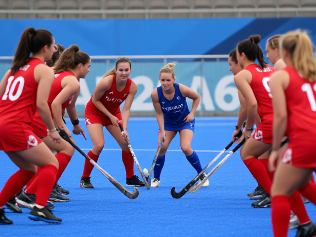blue Olympic women’s field hockey team faces off against red Olympic field hockey team
