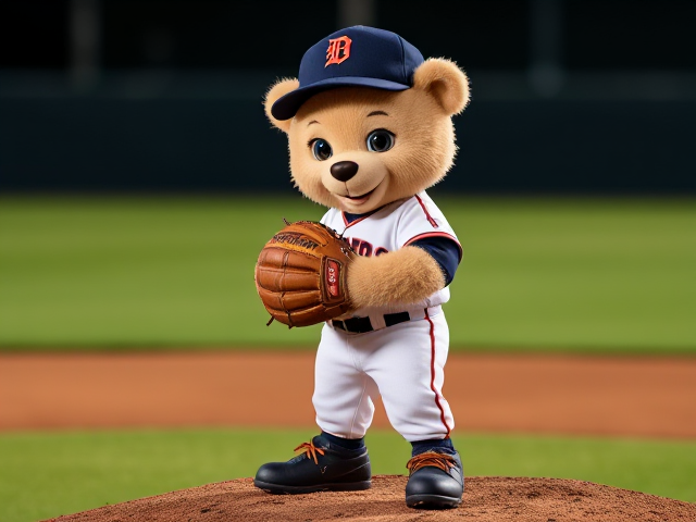 An athletic human teddy bear light coconut creme colored fur blue eyes wearing a tigers uniform navy hat with a tiger logo white jersey white baseball pants with navy orange piping down the sides navy socks navy cleats smiling wearing a navy baseball glove on his left hand standing on a pitchers mound