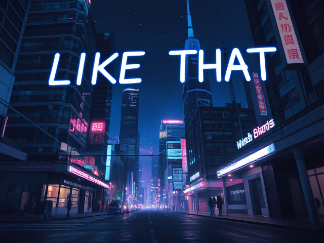 futuristic night scene with top writings saying "LIKE THAT"