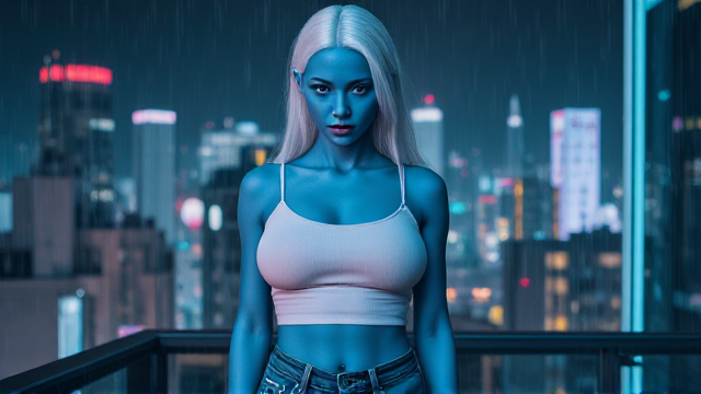 Create blue skin alien woman with white hair  and wearing a short tank top and jeans outfit realistic. full body image, twenty-something, b cup,