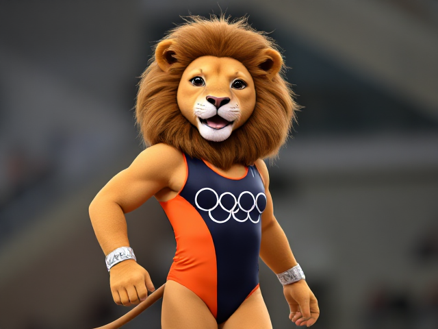 A anthropomorphic lion Olympic gymnast wearing a leotard