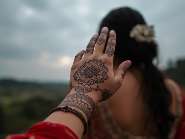 Henna on an Indian woman's hand, background her lap