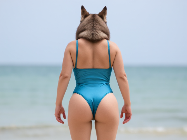 A anthropomorphic Siberian husky wearing a one piece high-cut swimsuit