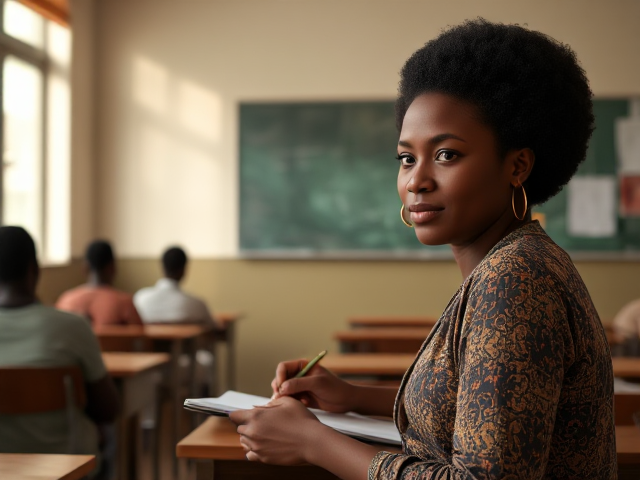 Un institutrice africaine écrivant au tableau dans une salle de classe