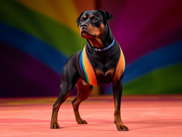 Rottweiler with strong hips, wearing a colorful gymnastics leotard, in an athletic pose, vibrant background
