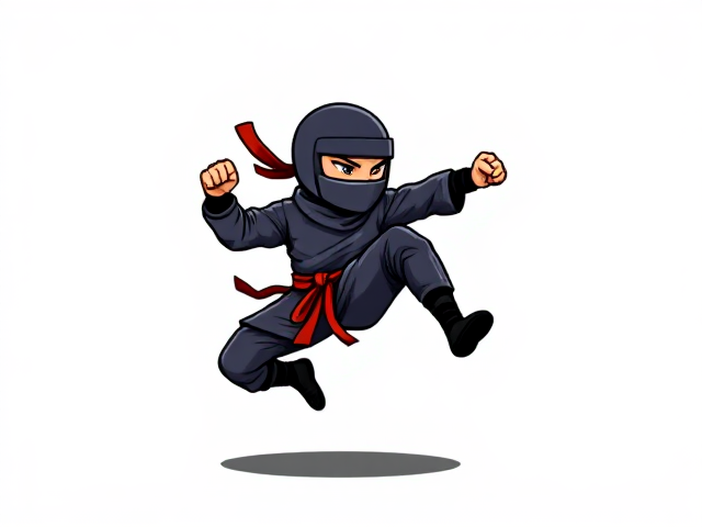 cartoonish 8 bit ninja jump-kicking against a blank white background