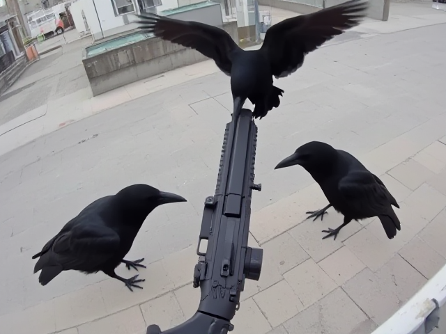 security camera footage of a group of intelligent crows collaborating to manipulate a rifle, the setting is an urban environment with a clear view of their actions